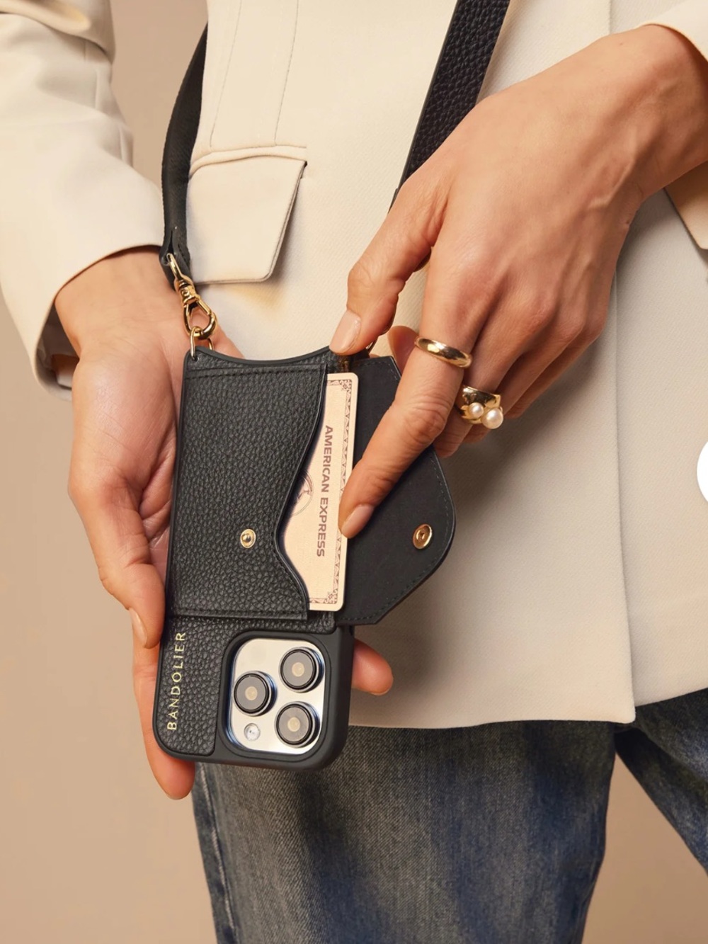 Bandolier Black Gold Leather Crossbody Phone Case Card Pocket for iPhone 13 mini